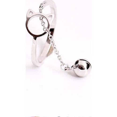 925 Sterling Silver Hollow Cute Cat Tassel Opening Ring With Chain Bell Pendant For Girls Jewelry Gifts S-R279