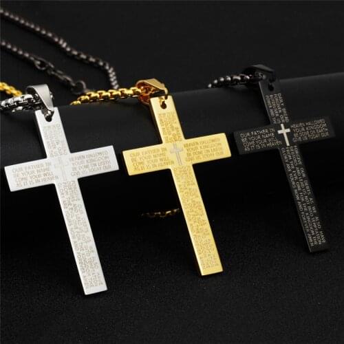 Retro Christian Jesus Single Titanium Scripture Cross Necklace Stainless Steel Black Prayer Choker Cross Pendants For Men Colar