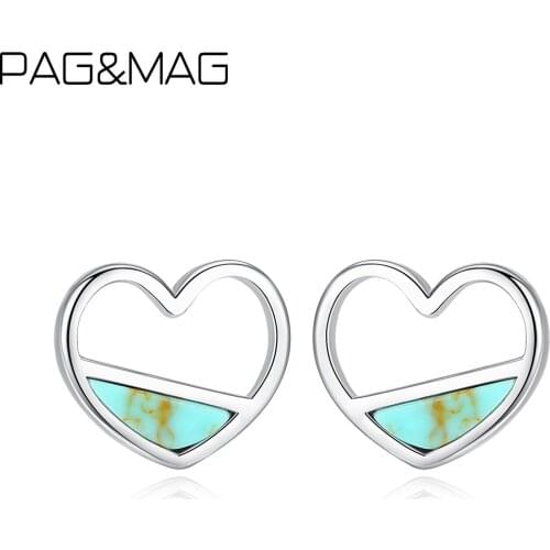 PAG&MAG Brand Turquoise Heart Foever Stud Earrings Sterling Silver 925 Earrings Korean Statement Charm Earrings Jewelry SE0407