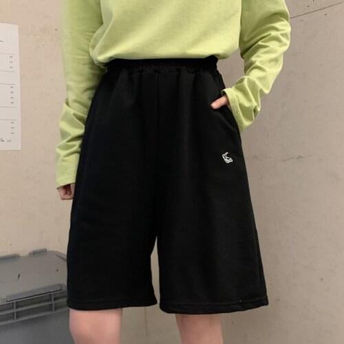 Shorts Women Harajuku Elastic High Waist Moon Embroidered Loose Sport Summer Casual cotton Running Shorts girl Biker sweatshorts