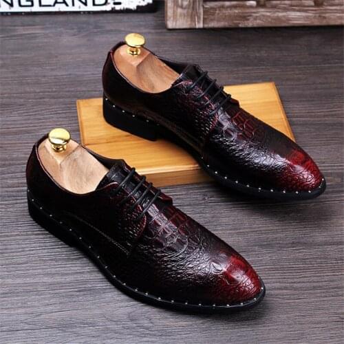 Fashion Mens Crocodile Grain Leather Dress Shoes Man Casual Pointed Toe Oxfords Mens Lace-Up Business Office Oxford Shoe