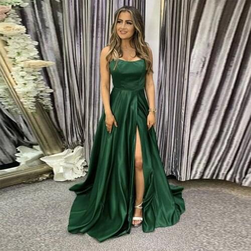 Berylove Green A line Prom Dresses Long Side Slit Spaghetti Strap Sexy Satin Formal Evening Dress Back Bandage Prom Gown Vestido