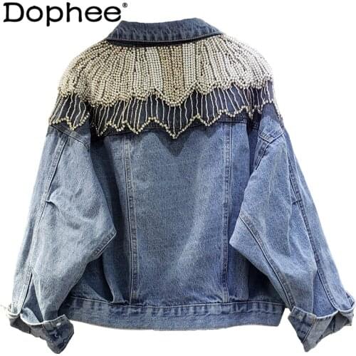 European Style Rhinestone Denim Jacket Loose Pearl Shawl Jeans Coat for Women 2021 Sping and Autumn Fashion All-match Coat