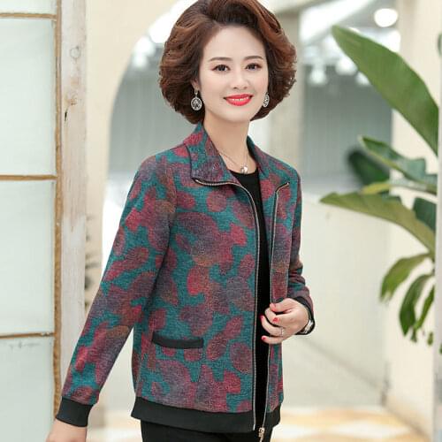 Womens Jacket 2021 Autumn Fashion Long Sleeve Printed Coats Middle-aged Women Zipper Short Lapel Outerwear Plus Size 5XL W528
