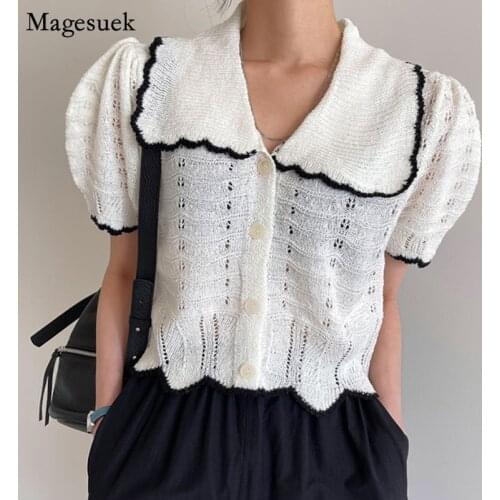 Summer Turn-down Collar Lace Knit Shirt Woman Puff Short Sleeve Hollow Out Womens Blouse Fashion Korean Chic Female Tops 14254