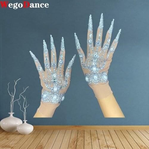 Women Sparkling Crystal Mesh Perspective Short Gloves Fashion Stretch Rhinestone Nightclub Dancer Singer Stage Accessories