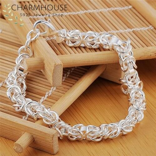 Pure 925 Silver Bracelets for Women 8mm Spigot Link Chain Bracelet & Bangles Pulseira Wristband Wedding Bridal Jewelry Accessory