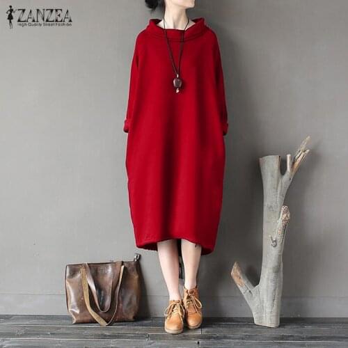 ZANZEA Winter Long Sweatshirt Dress Fashion Women Autumn Turtleneck Long Sleeve Fleece Sundress Casual Solid Loose Baggy Vestido