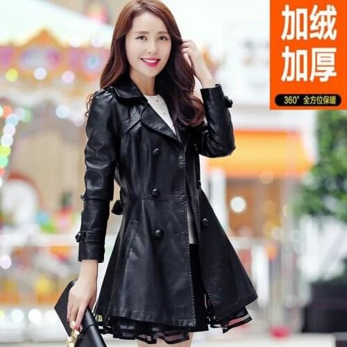 Female Leather Coat New 2021 Womens Coat Mid-length Warm Velvet Thick Leather Windbreaker Autumn Winter Jacket Women Commute C3