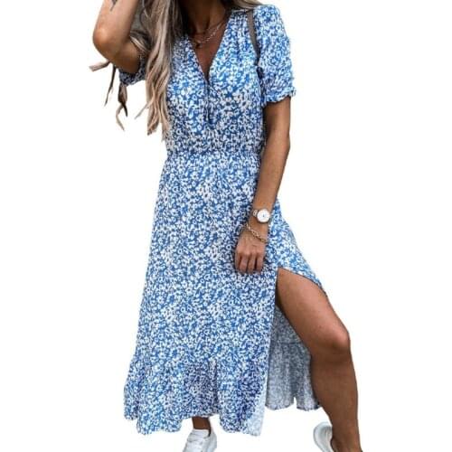 Summer Womens Dresses 2021 Fashion Short Sleeve V-Neck Stylish Spilt Floral Dress Patchwork Slimming Waist Casual Long Vestidos