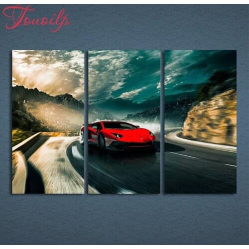 3 Pieces Scenic boat Gesture Sunset Seaview Canvas Wall Art Sports car diamond Painting cross stitch for Living Room Home Decor