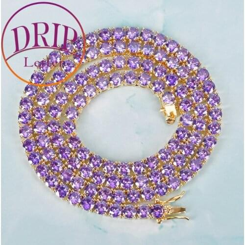 Purple Color Zircon Tennis Chain Mens Women 4mm Necklace Link Hip Hop Copper Material Jewelry
