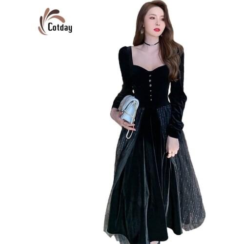 Cotday Black Mesh Full Sleeve Autumn New Lady Square Neck Single Breasted Button High Waist Slim Long Swing Evening Dress