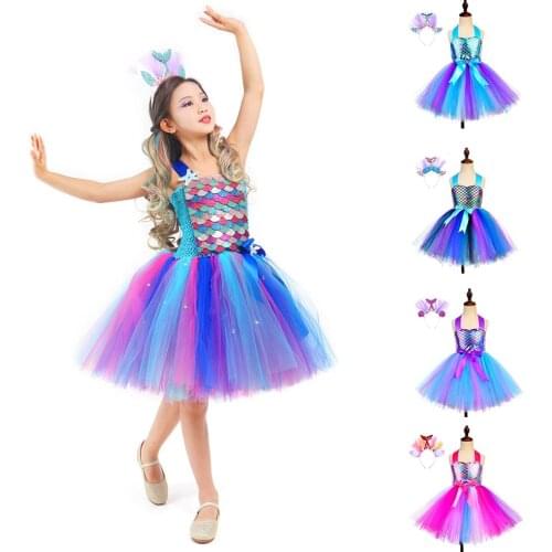 Kids Mermaid Costume for Girls Tutu Dress Sequin Fish Scales Princess Arile Mermaid Party Dress Up Ocean Theme Birthday Outfits