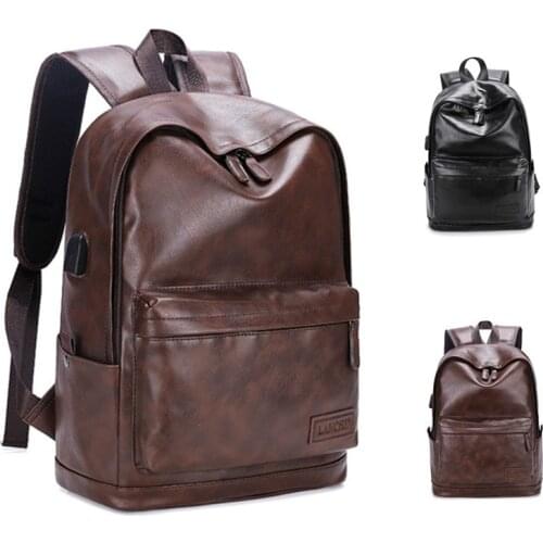 Men Leather Backpack USB Charging Anti-theft Large Boy Schoolbag Travel Bag School Backpack Black Bagpack