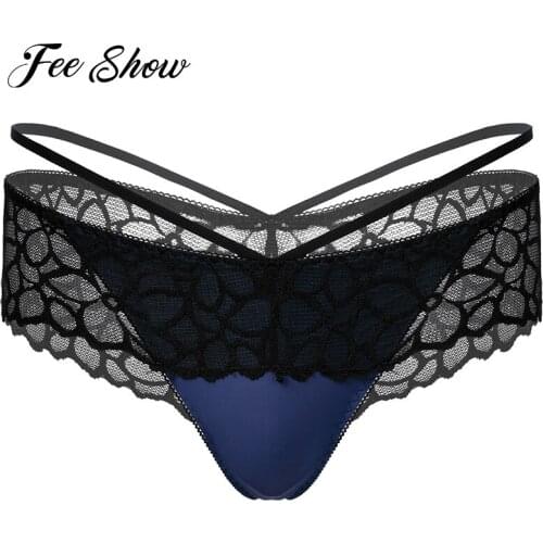 Mens Underwear Low Rise Floral Lace Skirted G-string T-back Thongs Underpants Breathable Elastic Waistband Briefs Sissy Panties