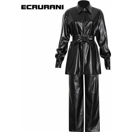 ECRURANI Black Casual Two Piece Set For Women Lapel Long Sleeve Shirts Wide Leg Pants Solid Sets Female Summer Clothing 2021 New
