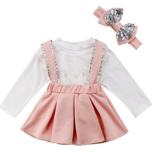 New Fashion Toddler Kids Girls Lace Tops Sequin Strap Skirt 3 Pieces Outfits Set Clothes