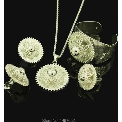 New Arrival Big Size Ethiopian set Jewelry Sliver Plated Pendant/Necklace/Earrings/Ring/Bangle African Women Wedding Items