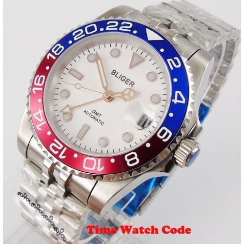 BLIGER 40MM Mens Wristwatch Automatic movement White dial GMT Auto Date Sapphire glass luminous ceramic bezel magnifier