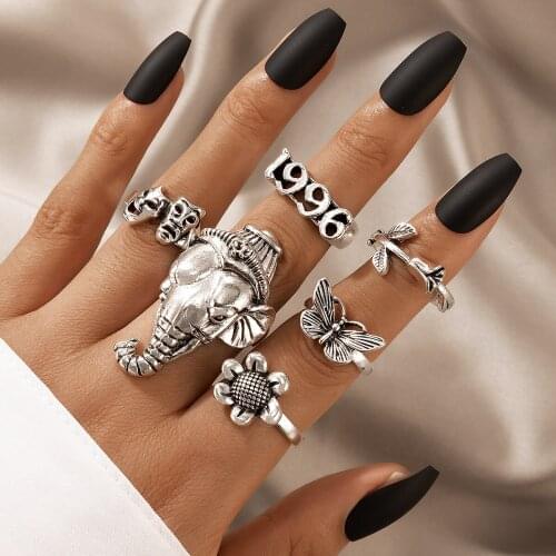 Tocona 6pcs/sets Vintage Silver Color Elephant Joint Ring Sets for Women Punk Skull Butterfly Flowers Party Jewelry Anillo 19893