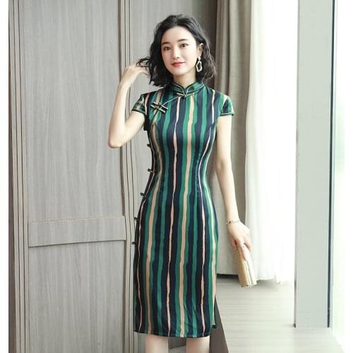 Spring And Autumn 2020 New Double-Layer Imitation Silk Cheongsam In The Long Style Dress Chinese Style Silk Qipao Flowers Dress