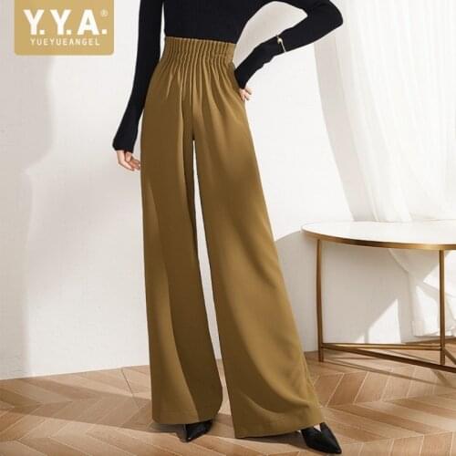 Office Ladies Long Loose Fit Pleated Wide Leg Pants Women High Waist Cargo Pants Spring Fashion Trousers OL Floor Length Pants