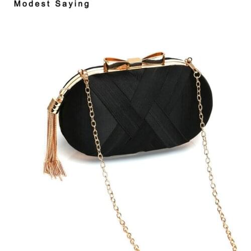 Simple Black Bandage Wedding Party Handbags 2018 with Tassel Oval Shoulder Bags Prom Evening Purse Clutch Bags Crossbody Bags