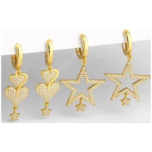 Star heart multicolor Brass micro pave cz zircon cubic zirconia drop Hoop Earrings copper gold plated crystal studs zg34