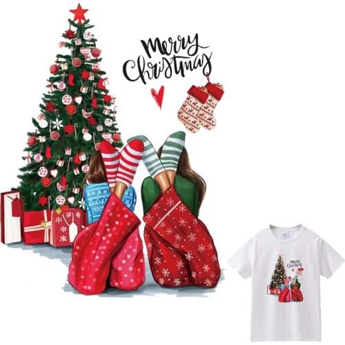 Merry Christmas Patches For Clothes DIY Washable Woman T-Shirts Heat Transfer Thermal Stickers Beautiful Girl Iron On Appliqued