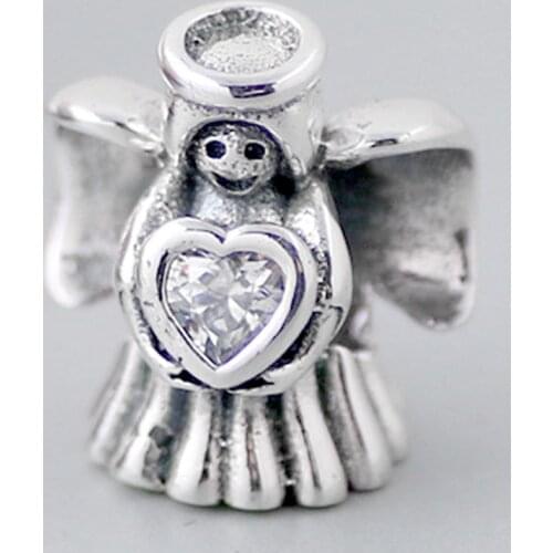 Original Angel Of Love Heart With Clear Cubic Zirconia Beads Fit 925 Sterling Silver Charm Bracelet Bangle DIY Jewelry