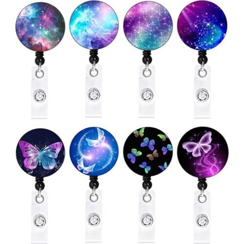 Colorful Butterfly Retractable Easy Pull Buckle Fantasy Starry Sky Black Rotating Easy Pull Id Buckle Badge Clip