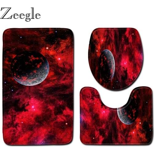 Zeegle Bath Mat Set Anti Slip Bathroom Doormat Shower Mat Soft Toilet Pedestal Rug Foot Mat 3D Universe Printed 3pcs Toilet Set