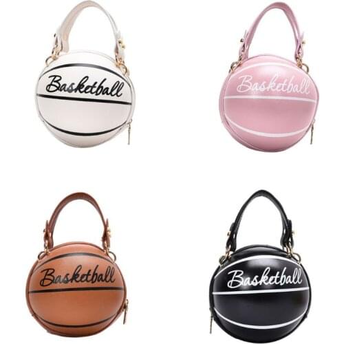 Women Girl Basketball Round PU Leather Handbag Chain Shoulder Messenger Crossbody Bag Satchel Tote Purse