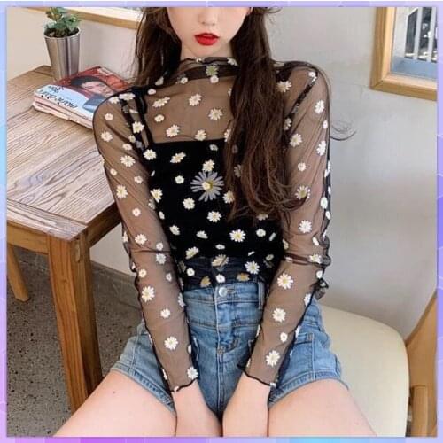 Daisy Flower Print Mesh T-shirt Women Korean Long Sleeve Fishnet T Shirts 2021 Summer White Tops Sunscreen Lace Tee Shirts