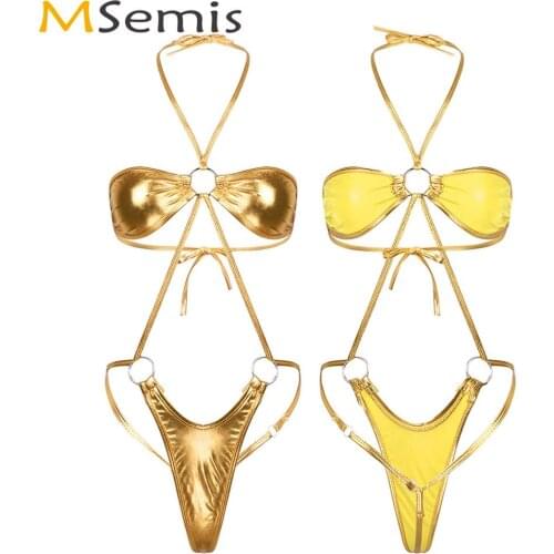 Womens Metallic Bikini Teddies Leotard Sexy One-piece Body Lingerie Holographic Erotic Backless Slingshot Micro Trikini Bodysuit