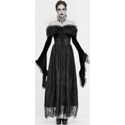 Women Dress Long Black Dress Cosplay Costume Flare Sleeves Gothic Off Shoulder Floor Length Party