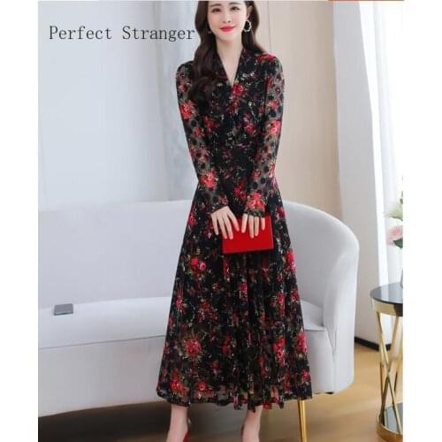 2020 Autumn New Arrival Elegant Plus Size M-4XL V Collar Flower Printed Long Sleeve Women Chiffon Long Dress