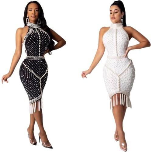 High Quality Dress women Celebrity White Black Tassel Beading Sexy Rayon Bandage bodycon Cocktail Party Dress vestido harajuku