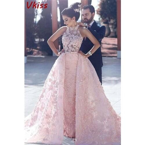 High Quality Pink Elegant Formal Party Evening Dresses Halter Neck Vestios Gala Prom Gowns Women Appliques Lace Robe De Soire
