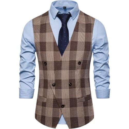 Vests For Men V Neck Coffee Grid British Irregular Buttons Cotton Blended Slim Fit For Formal Elegant Male Wear Clothing