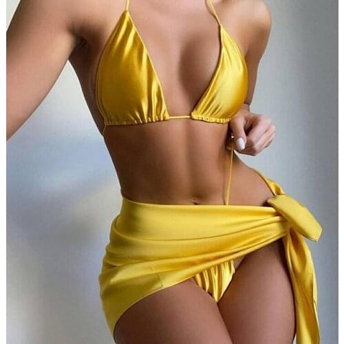 3 Piece Monokini Swimsuit Biquini Women Solid Gold Silk Bikini+skirt Female Bathing Suits Sling Bikini Beach Biquini Brazilian