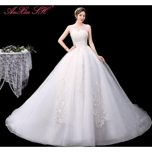 AXJFU princess flower lace white wedding dress party vintage strapless ruffles beading bride white sparkly wedding dress