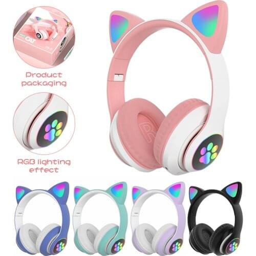 Cat Ear Wireless Headset RGB Flash Cartoon Claw Pink girl Gift Bluetooth Headset HiFi Stereo Heavy Bass Childrens Headset Gift