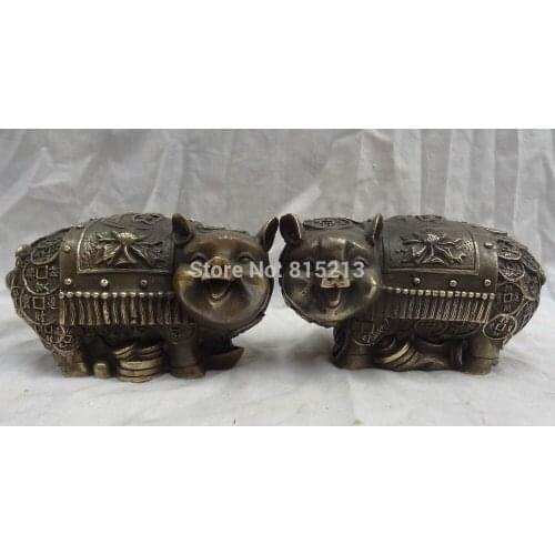 Bi00965 Lucky Chinese Year Zodiac Bronze Wealth YuanBao Coin Happy Fu Pig Statue Pair