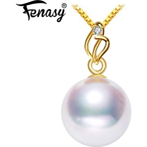 FENASY 18K Gold Pendant Natural Freshwater Round Pearl Charms Au750 Yellow Gold Wedding Engagement Jewelry With Silver Necklace