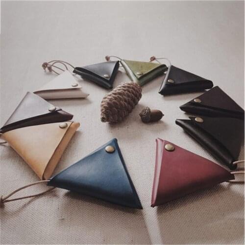 Women Coin Purse Mens Bag Pendant Mini Triangle Wallets Wax Genuine Cow Leather Clutch Handmade Lady Casual Small Handbags Gift