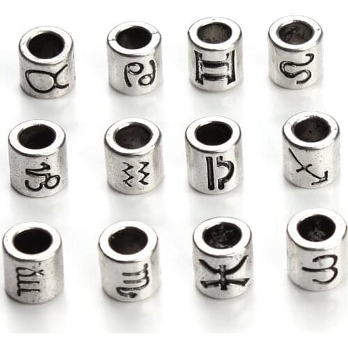 60pcs/lot Antique Silver Color 12 Constellation Zodiac Metal Spacer Beads Charms with 4mm Big Hole Beads for Jewelry Making