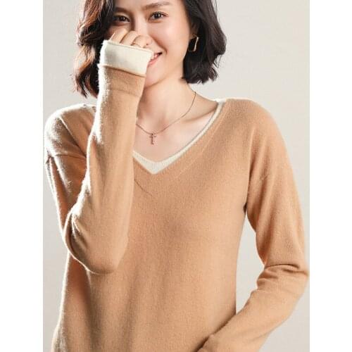 New 100% Wool Cashmere Sweater womens V-neck stitching fake two-piece womens pullover long-sleeve Loose casual wool top Female