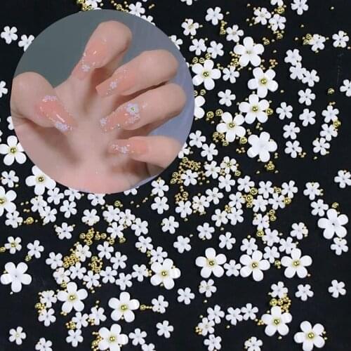 New Style Resin White Small Flower/Gold Steel Beads Mix Size Nail Art Rhinestones For DIY Manicure Art Accessories Decorations